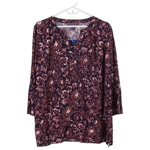 Gloria Vanderbilt Nova Top L Blue Brown Floral Print 3/4 Sleeve Pullover Casual